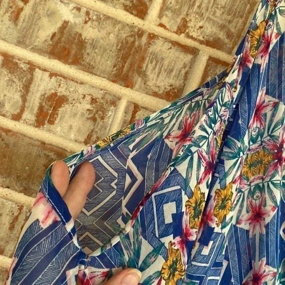 Ark n c. Blue Geometric Floral Sheer Cold Shoulder Maxi Dress - Picture 3 of 14